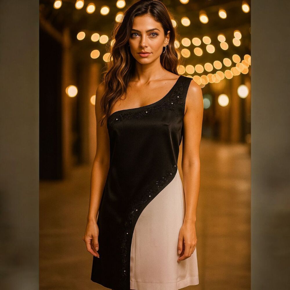 Rampage One-Shoulder Black Satin Dress 7 Beaded Asymmetrical Y2K Glam Cocktail